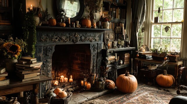 Enchanting halloween interior with fireplace, pumpkins, candles, and vintage decor creating a spooky atmosphere