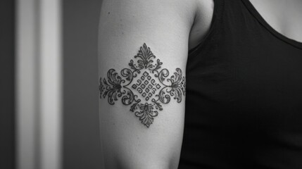 Intricate Tattoo Art: A close-up view of a delicate, patterned tattoo gracing a human arm, the fine lines and symmetrical design showcasing body art in stunning detail.
