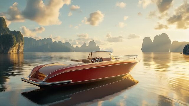 Vibrant Red Boat on Serene Water at Sunset with Mountain Scenery
