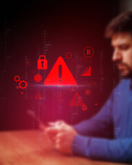 Individual analyzing digital security risks while using smartphone in low-lit environment with...