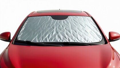 Silver car sunshade covers red vehicle windshield, protecting interior from sun, heat. Automotive accessory made from metallized polyester offers insulation against ultraviolet rays, keeping car cool