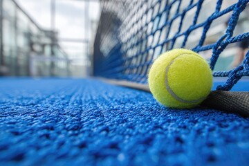 Tennis ball resting on a vibrant blue court, near a net