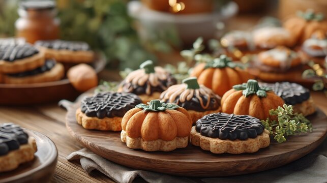 Halloween-themed dessert table with pumpkin-shaped cookies and black icing - Powered by Adobe