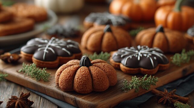 Halloween-themed dessert table with pumpkin-shaped cookies and black icing