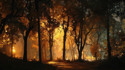 Fototapeta premium A forest path illuminated by warm light at night with trees and foliage around it