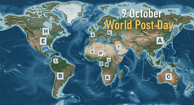 Global map with letter icons connecting continents, text “9 October World Post Day”.