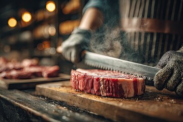 Raw steak being sliced on wooden board by gloved hand