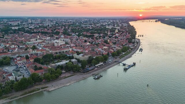 Travel and city sights concept. Drone view of Belgrade at dusk. Serbia, Europe. Hyperlapse shot