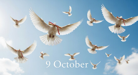 Obraz premium Flying white doves carrying letters in beaks, blue sky background, text overlay “9 October”.
