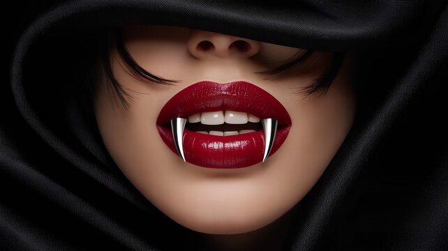  Close-up of a mysterious female vampire with red lipstick and long, sharp vampire fangs hidden under a black hood. Woman in a black hood with red lips and metallic vampire fangs