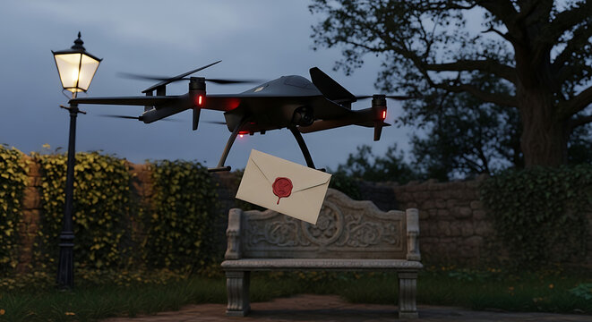 Futuristic drone delivering a sealed letter to a park bench at dusk - Powered by Adobe