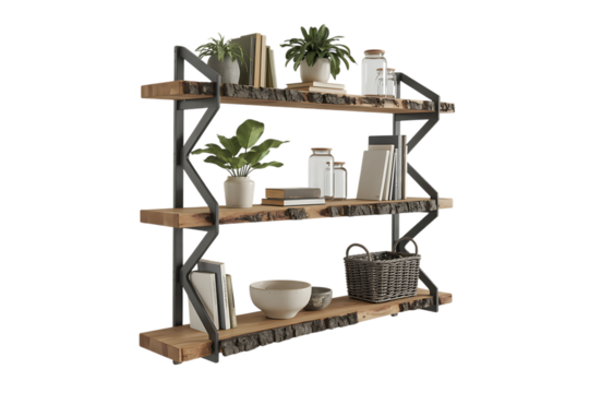 Rustic three tiered wooden shelving unit with decorative items isolated on transparent background