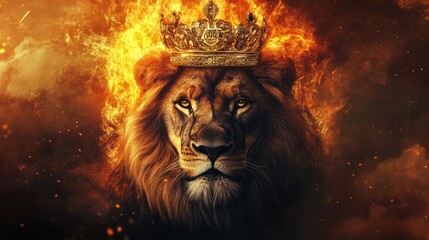 Majestic lion king with golden crown on fiery background symbolizing strength and power, regal lion of judah illustration for inspirational art, spiritual concepts, and bold animal wallpaper design