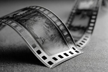 Black and white film strip, curled and lying on a textured surface