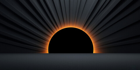 Minimalist abstract background with black circular eclipse shape and glowing orange light rays premium futuristic design for modern wallpapers