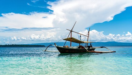 Obraz premium A traditional outrigger canoe rests peacefully in calm, turquoise waters, bathed in the bright sunlight of a beautiful tropical day.