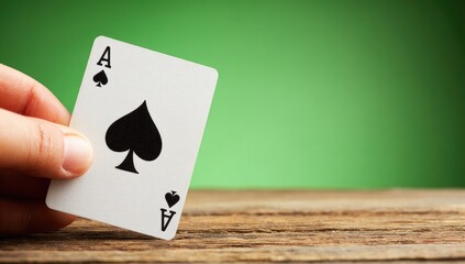 Close-up of a hand holding the Ace of Spades playing card