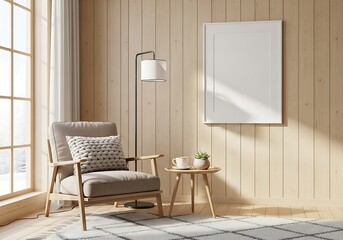 Cozy living room with armchair near window and blank canvas for artwork on wood paneled wall warm sunlight casting shadows