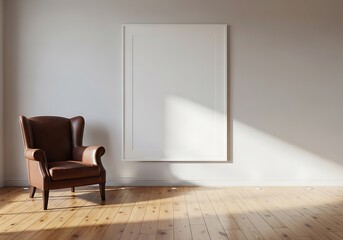 Cozy armchair in sunlit room near empty canvas ready for art or advertisement display
