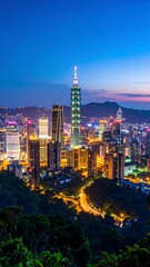 City skyline at dawn.  Blurry cityscape