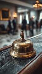 Close-up of a brass bell on a marble countertop in a hotel lobby.  Blurred figures in the background