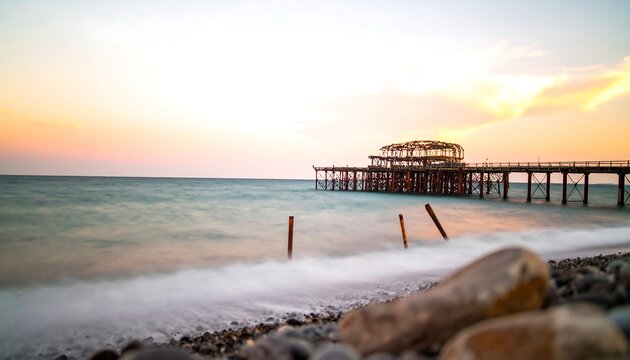 A tranquil seascape showcases a weathered pier at sunset, with soft colors and gentle waves lapping at the shore.