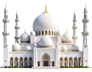 Elegant white mosque with domes and minarets Islamic architecture 3D render isolated on transparent background PNG