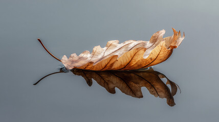 Autumn leaf floating on water reflection
