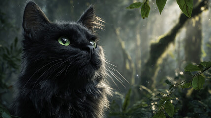 Black cat portrait in forest sunlight