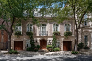 An elegant residential building surrounded by lush greenery, situated in a peaceful neighborhood, basking in the warmth of a sunny day