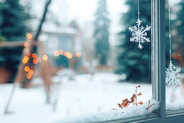 Snowy winter scene viewed through a window adorned with snowflakes
