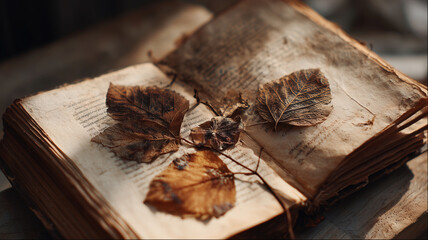 Open book with dried leaves vintage aesthetic