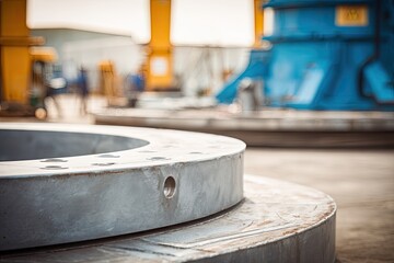 Close-up of a large, circular, gray metal plate, likely part of a machinery base, surrounded by industrial equipment
