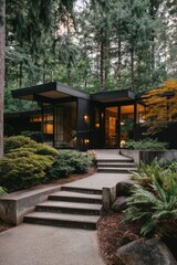 Modern architectural design of a black exterior house surrounded by lush greenery in a serene forest setting at dusk with warm lights illuminating the interior