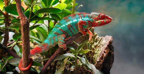 Colorful Chameleon on a Branch © Bulat