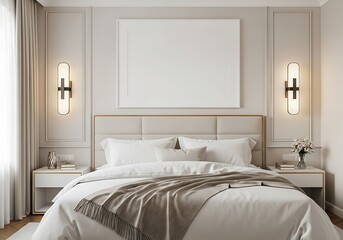 Luxurious bedroom mockup with blank canvas above plush bed featuring elegant sconces and soft drapes