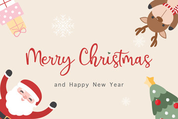 Cute Santa Claus with reindeer, Christmas tree and gift box concept Merry Christmas and Happy new year. Cartoon character for Christmas card, banner, background or element vector flat illustration.