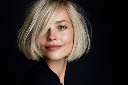 Portrait studio d'une femme blonde au carr&eacute; avec sourire subtil