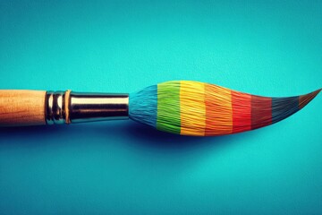 Close-up of a colorful paintbrush on a teal background