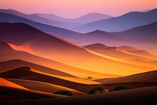 Colorful desert dunes bathed in sunrise hues - Powered by Adobe