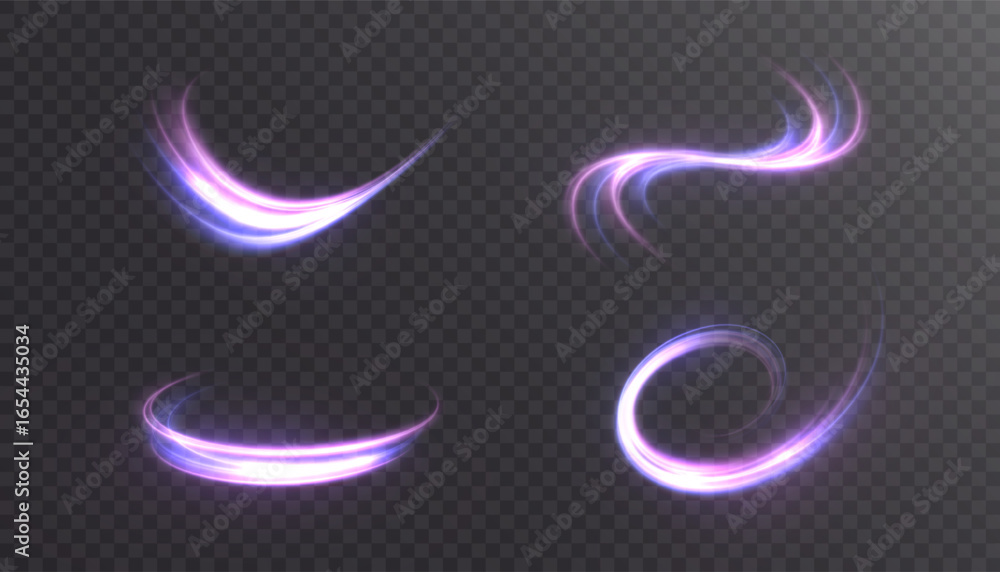 Poster glowing pink-violet light swooshes with soft blue tint on transparent background. curved motion trai
