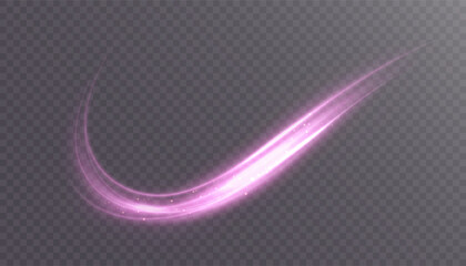 Pink glowing swirl with bright glow and sparkling glitter particles on transparent background. Curved light trail with soft blur. © Valeriia