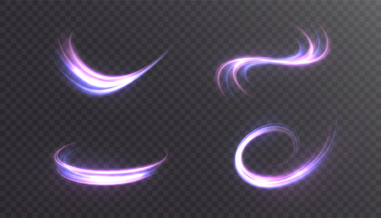 Glowing pink-violet light swooshes with soft blue tint on transparent background. Curved motion trails with ring and arc elements for dynamic effects and modern interfaces.