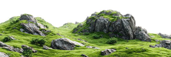 Rolling hills with rocky peaks and lush green grass