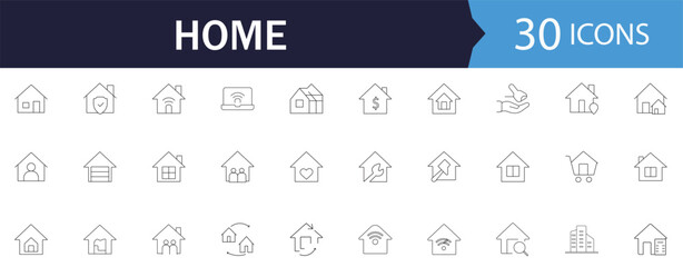 Home line Icon Set. Features icons of house, apartment, money, and insurance. Perfect for real estate apps and housing websites.