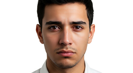 Fototapeta premium Realistic portrait of a diverse person showing sadness, full face and complete hair visible, isolated on pure white background, professional studio lighting, sharp focus, authentic natural emotional e