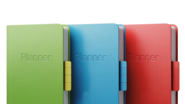 Three colorful planners with the word Planner embossed on the cover notebook diary isolated on a transparent background