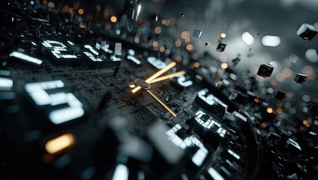 and keyword list based on the image
Clock Hands Turning Time Passing in Abstract Futuristic Cyberpunk Cityscape.