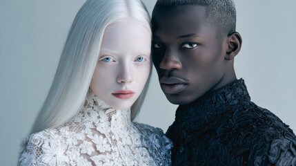 Portrait of albino woman and a african man standing close together inside studio - Diversity, skin color and multiracial people concept - Models by AI generative