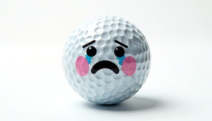 Golf ball with a sad crying face sticker on dimpled surface. Glossy finish and texture are highly detailed. Isolated on clean white background. Represents golfing frustration, stress, or a bad game.